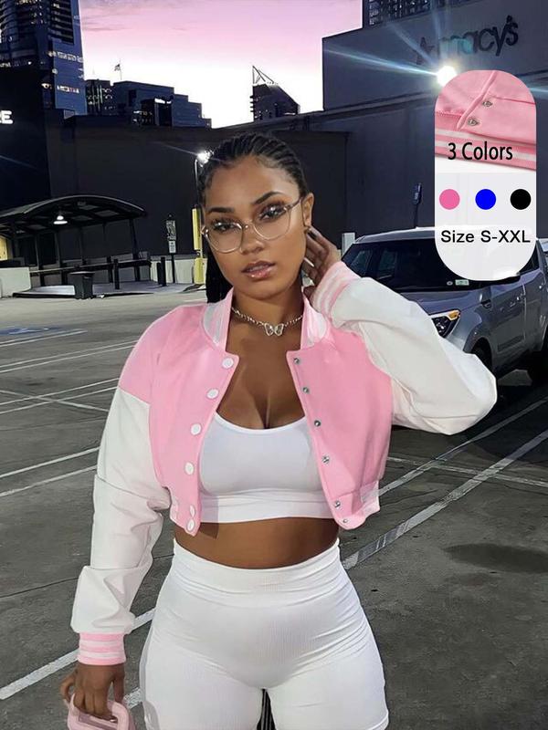 Women's Contrast Binding Button Front Crop Varsity Jacket, Casual Drop Shoulder Long Sleeve Outerwear for Fall & Winter,  Winter Clothes Women, Ladies Clothes for Daily Wear